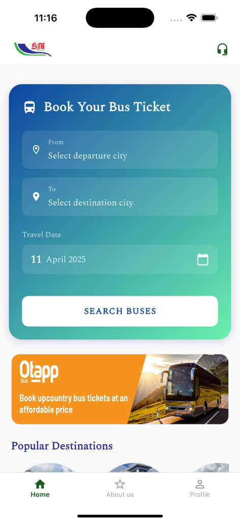 BM Coach - Home screen of the BM Coach app featuring a bus ticket booking interface with departure, destination, and travel date fields.