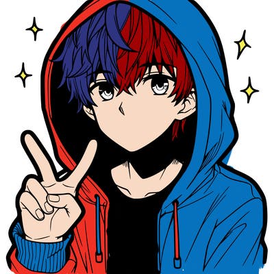 teenage manga boy in a hoodie, doing ✌
