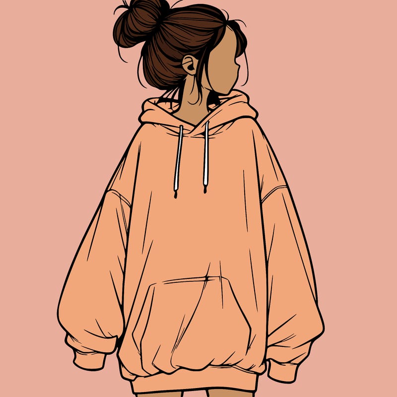 realistic girl with a oversized sweatshirt on and a bun