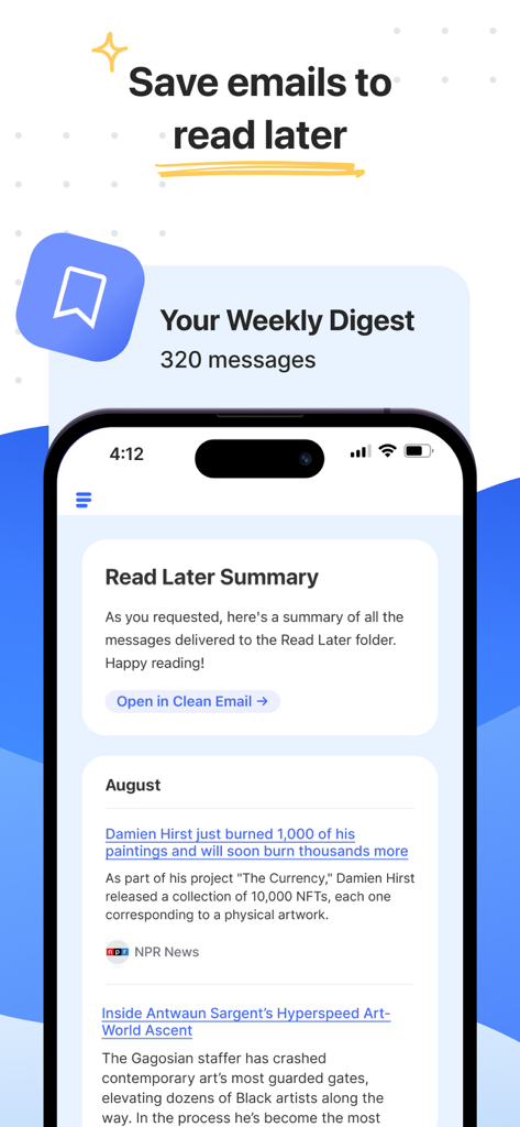 Clean Email — Inbox Cleaner - Clean Email app interface showing a summary of emails saved to read later.