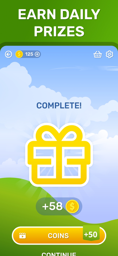 Word Search: Crossword Puzzle. - Pantalla del juego que muestra la recompensa de un desafío diario completado con un icono de regalo y monedas ganadas.