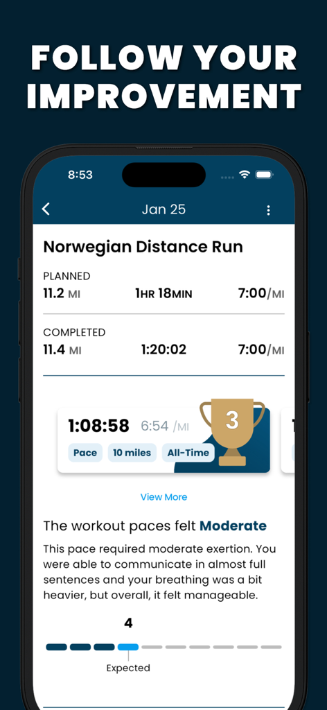 NXT RUN - AI Running Coach - NXT RUN app screen showing running workout summary with planned versus completed stats and a performance trophy