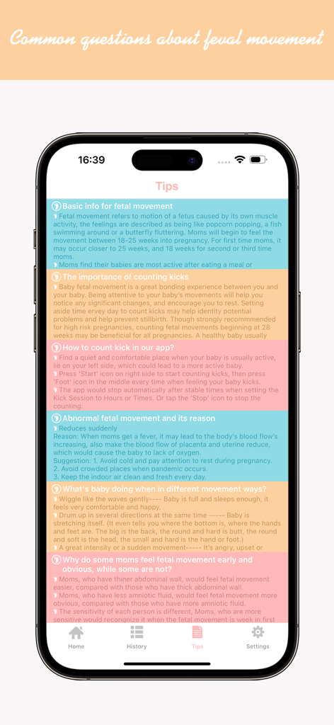 Count Baby Kicks - A comprehensive tips screen in the Count Baby Kicks app providing answers to common questions about fetal movement and pregnancy monitoring.
