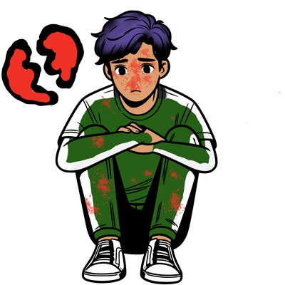 teen boy, sitting down with knees to his chest, sad