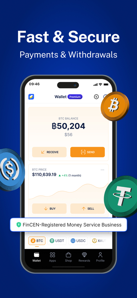 Speed Wallet: Buy Bitcoin - Speed Wallet mobile app interface showing Bitcoin balance and secure transaction features