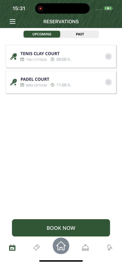 Club de Campo La Zagaleta - Pantalla de reservas de la aplicación Club de Campo La Zagaleta que muestra próximas reservas de pistas de tenis y pádel