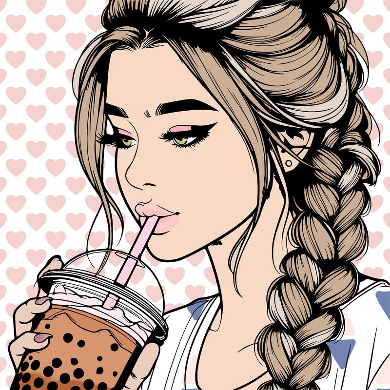 realistic girl drinking boba tea with braided hair