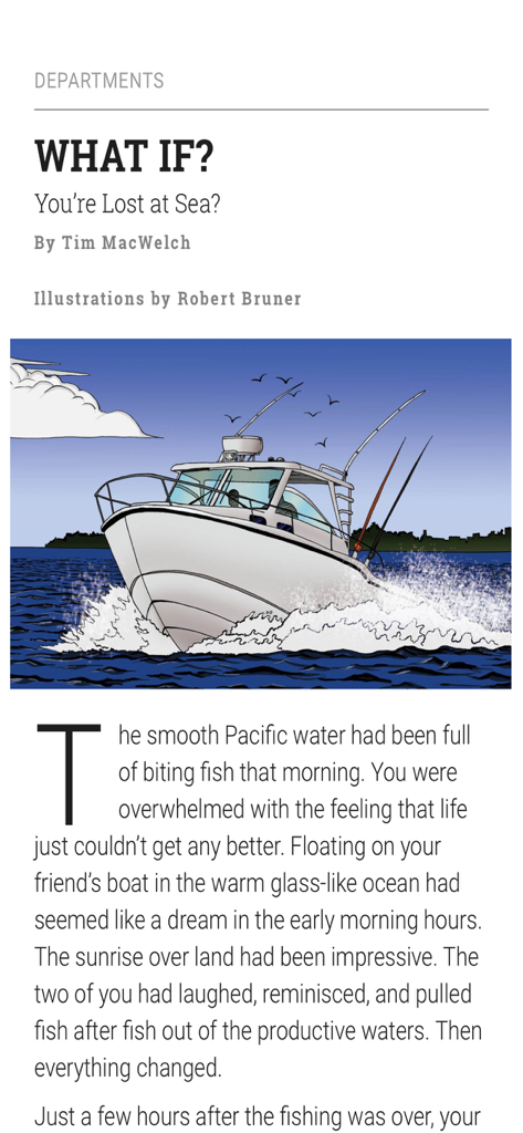 RECOIL OFFGRID Magazine - RECOIL OFFGRID Magazine article illustration of a fishing boat on the ocean for a survival scenario titled You Are Lost at Sea