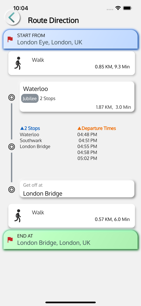 Route planner screen showing directions from London Eye to London Bridge using the Jubilee line.