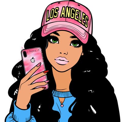 realistic beautiful girl wearing los ángeles cap holding an iphone