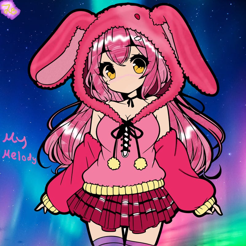 pretty anime girl wearing a fluffy hoodie with bunny ears on the hood and a skirt