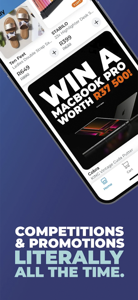 Interface do aplicativo de compras OneDayOnly apresentando um concurso de sorteio de MacBook Pro e promoções diárias de produtos.