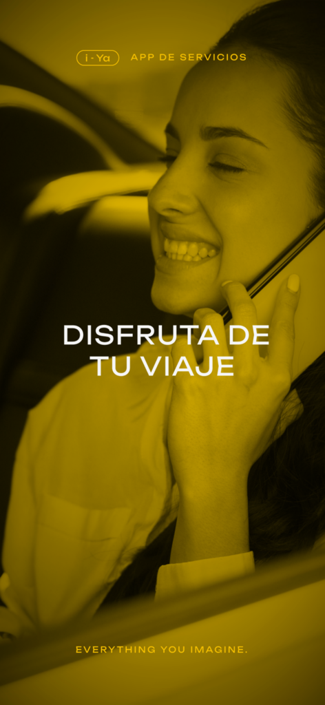 I-ya - A smiling woman on a phone call in a car with the text Disfruta de tu viaje from the I-ya service app.