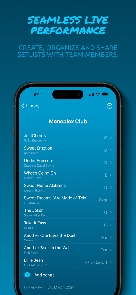 JustChords - JustChords app displaying a organized song setlist for a live performance on an iPhone