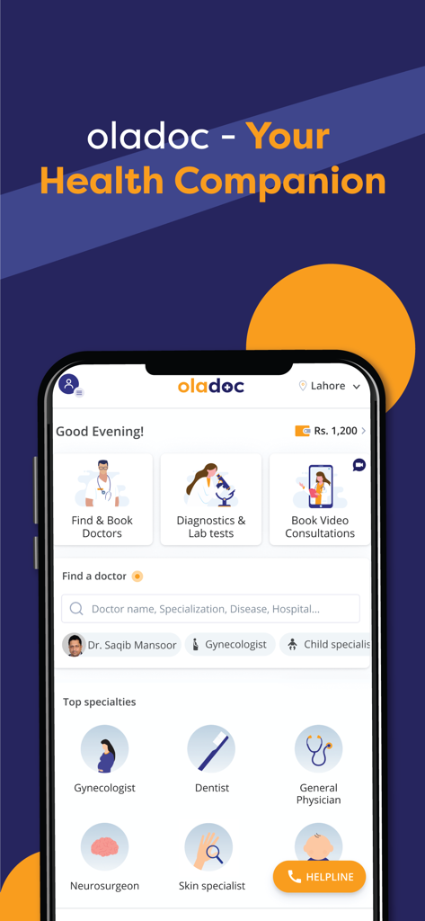 Oladoc app home screen showing doctor search and health services in Pakistan