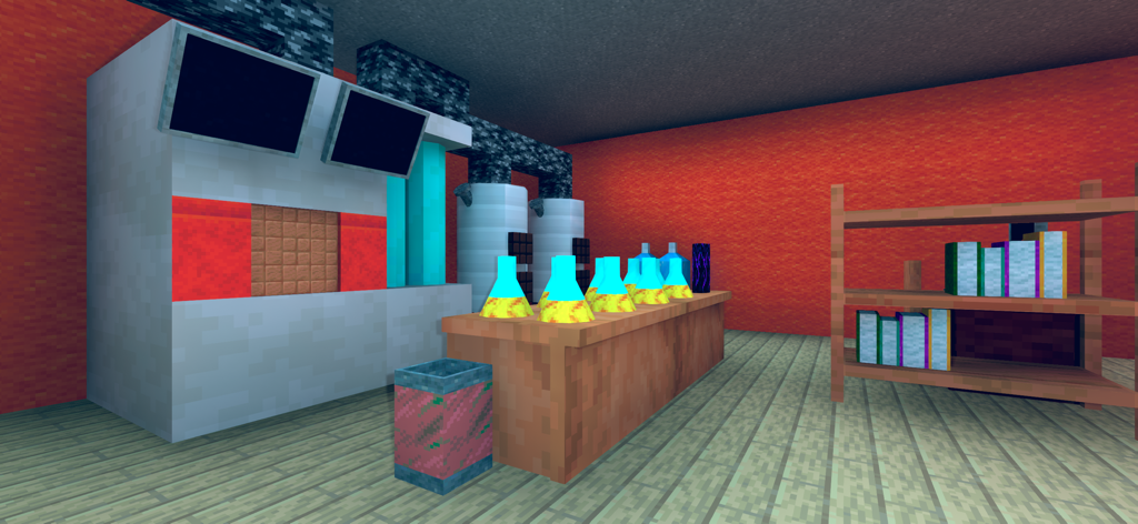 Grandpa & Granny School Escape - A voxel style school laboratory room with chemical flasks and book shelves