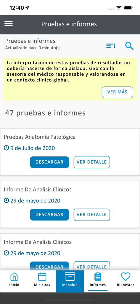 H.U Rey Juan Carlos - Interface of the HU Rey Juan Carlos app showing a list of medical test results and clinical reports