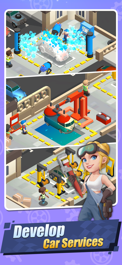 Car Fix Inc - Mechanic Garage - Gameplay scenes from Car Fix Inc showing car washing and mechanical repair stations with a female mechanic character