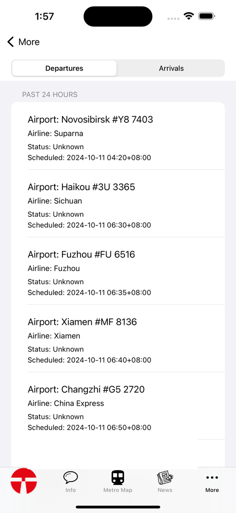 Tianjin Subway Map - Flight departures list for Chinese airports in the Tianjin Subway Map app.