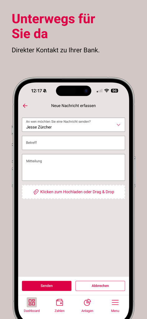 Interfaz de mensajería segura en la aplicación bancaria acrevis para contacto directo con el banco