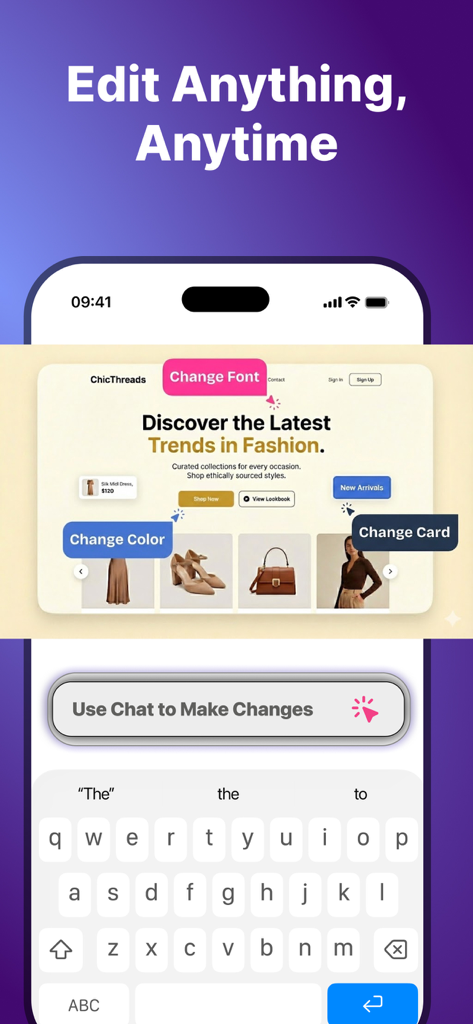 Pantalla de la aplicación móvil Lovable AI site builder que muestra edición de sitios web en tiempo real utilizando comandos de chat