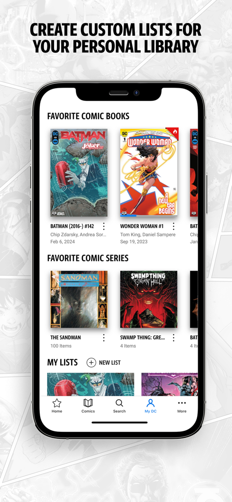 お気に入りのコミックブックとカスタム読書リストが表示されたMy DCライブラリインターフェイスを示すDC Universe Infiniteアプリのスクリーンショット。