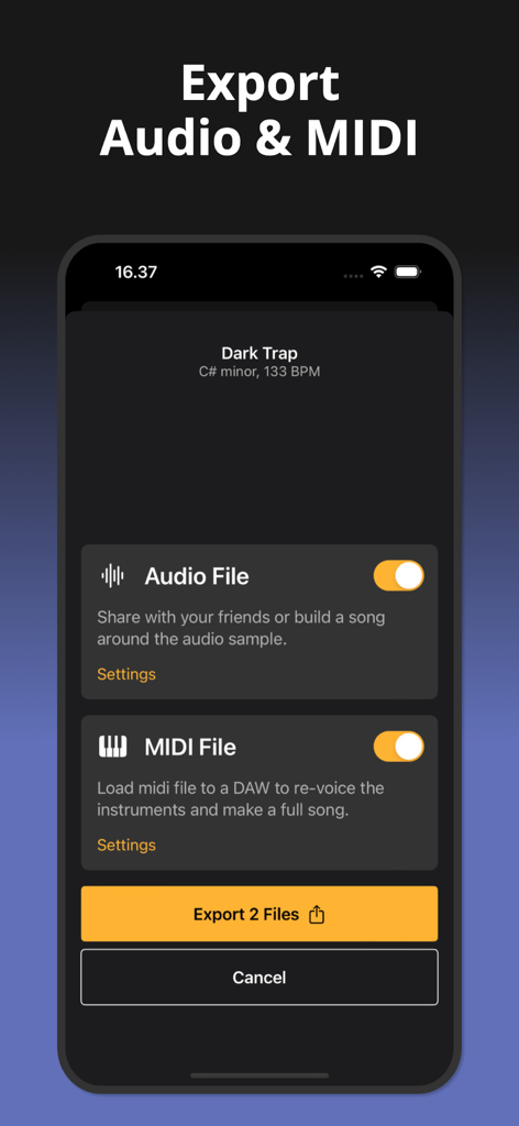 Songen: Instant MIDI Generator - Songen app export interface showing options to download audio and MIDI files for a Dark Trap track.