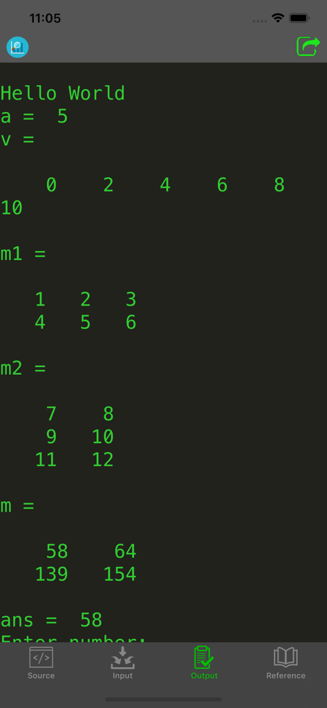Madona: Run MATLAB/Octave code - Interface showing the terminal output of a MATLAB and Octave code execution with matrix results.