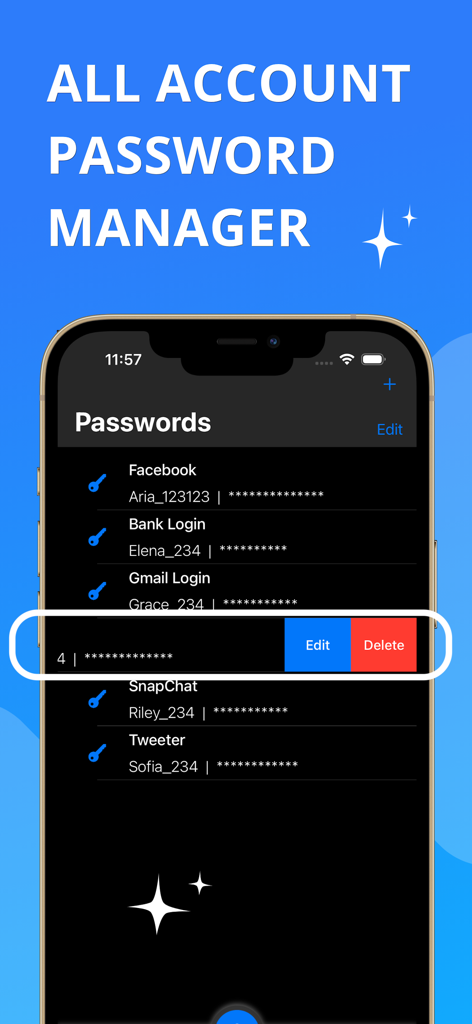 A mobile screen showing the password manager feature in the Safe Private Vault app with options to edit and delete saved account logins.