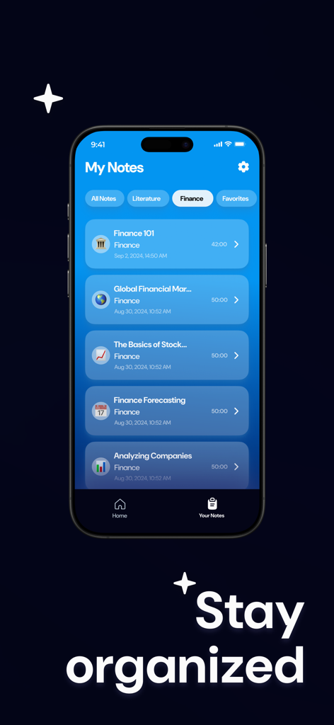 Minutes of Meeting AI Notebook - AIノートアプリの財務カテゴリ別に整理されたデジタルノートを表示するiPhone画面