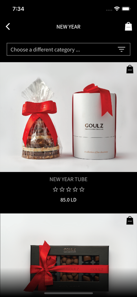 GOULZ mobile app showing a New Year collection of luxury chocolate gift sets
