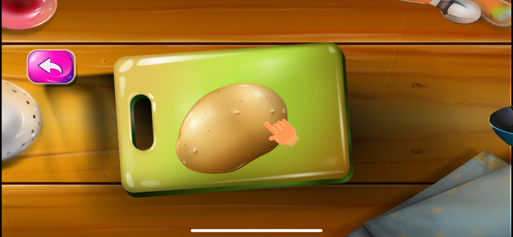 Cooking Chef: Master Kitchen - Una patata intera su un tagliere verde con un'icona a forma di mano che indica l'affettatura interattiva in un gioco di cucina per bambini.