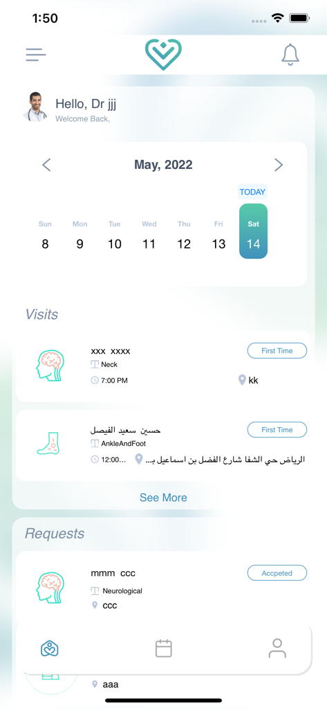Ameen for Therapists - Visão do painel do aplicativo Ameen for Therapists mostrando um calendário e visitas de pacientes agendadas