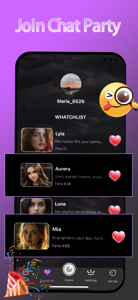Screenshot of the Maria AI Friends app showing the Join Chat Party screen with a list of AI companion profiles like Aurora and Mia.