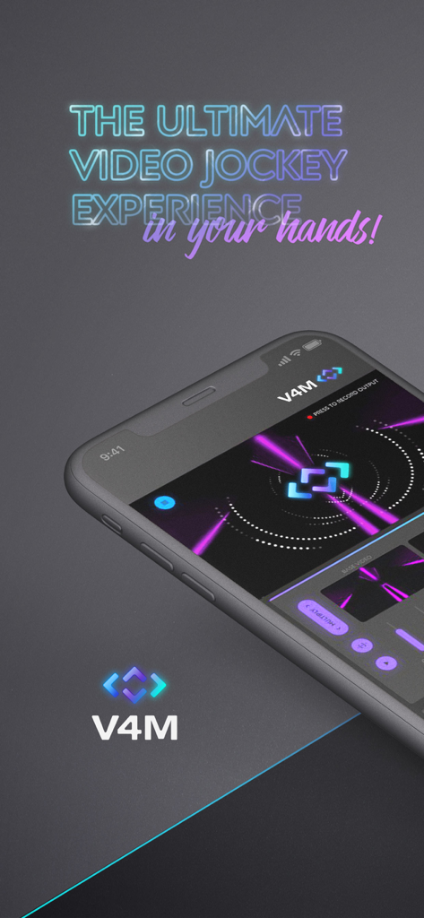 V4M — Visuals for Music - Pantalla de smartphone mostrando la interfaz de la app V4M con visuales reactivos de neón y el eslogan la experiencia definitiva de video jockey en tus manos