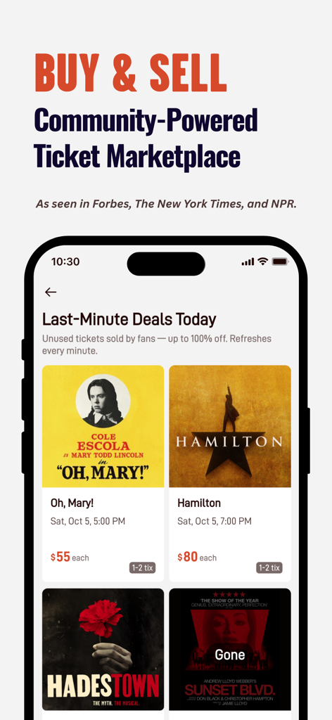 Theatr app interface showing last-minute Broadway ticket deals for shows like Hamilton and Oh Mary in NYC.