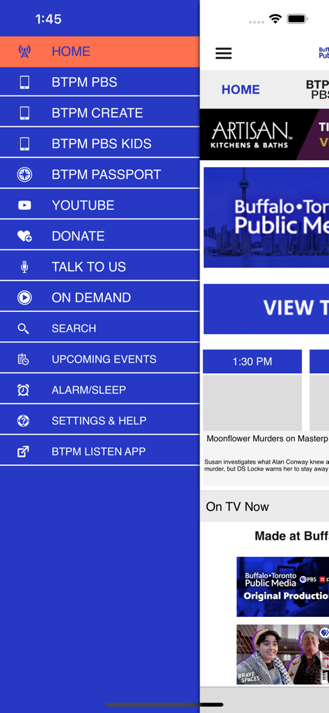 Menu de navegação lateral do aplicativo BTPM Watch exibindo horários de programação dos canais PBS e opções de conteúdo sob demanda