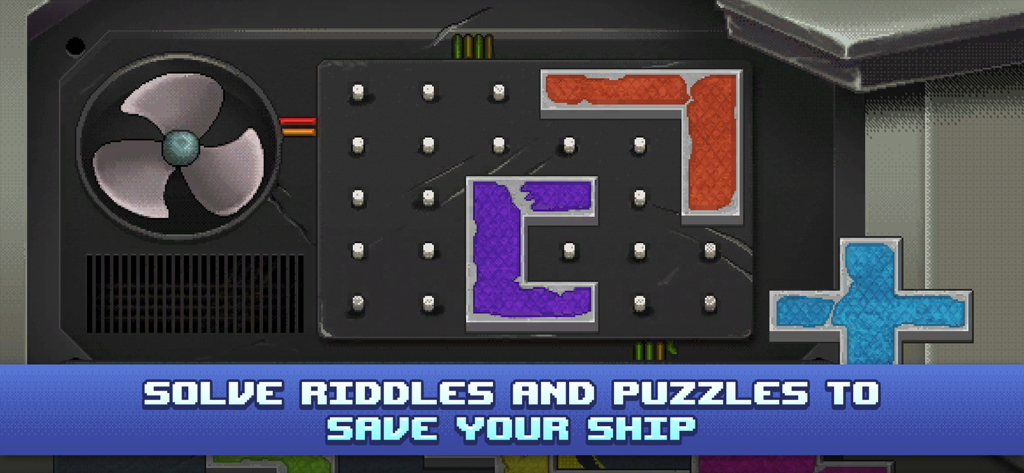 Odysseus Kosmos - Episode 1 - A retro pixel art puzzle screen on a spaceship panel with colored shapes and a fan