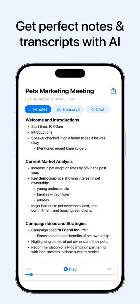 AI-generated meeting summary and transcript interface in the Minutes app