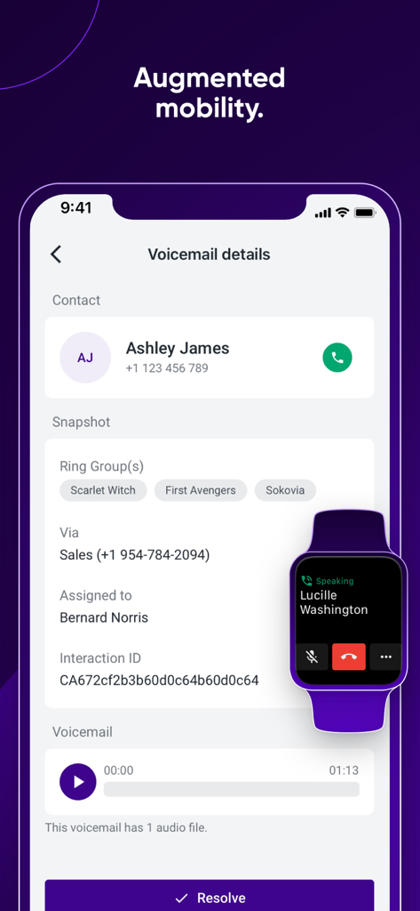Talkdesk Conversations mobile app showing voicemail details on iPhone and an active call interface on Apple Watch