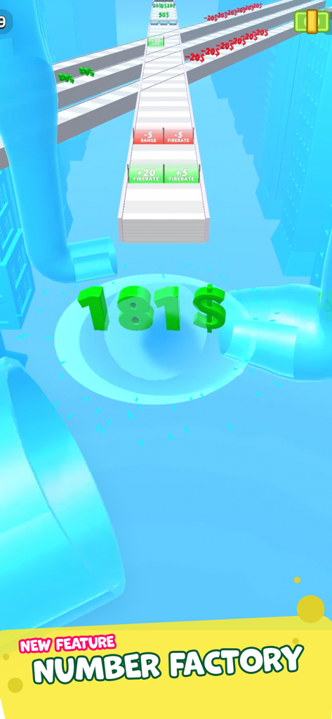 Digit Shooter! mobile game screenshot showing the Number Factory feature with numerical upgrade gates on a running track.