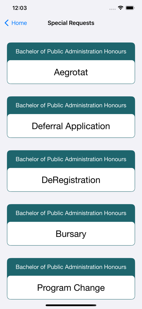 MANCOSA Student Comms - MANCOSA Student Comms app screen displaying special request options for a Bachelor of Public Administration Honours student