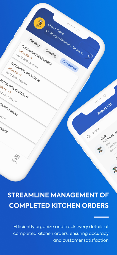 Smartphone screen showing the completed orders list and report list of the Kitchen App
