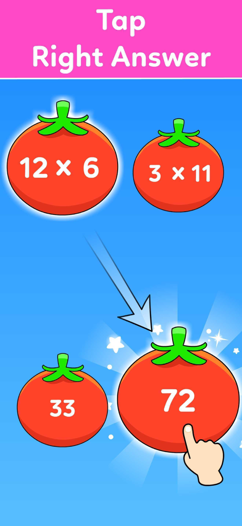 Multiplication Games For Kids+ - A child playing an interactive multiplication game by tapping the correct answer on a tomato