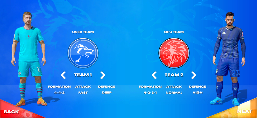 Football Club Star Soccer Game - Team selection screen comparing User and CPU formations and tactics