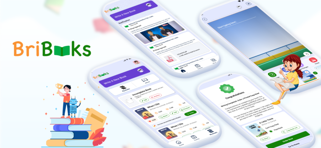 BriBooks - A collection of screenshots showing the BriBooks app interface for children to write and publish their own books