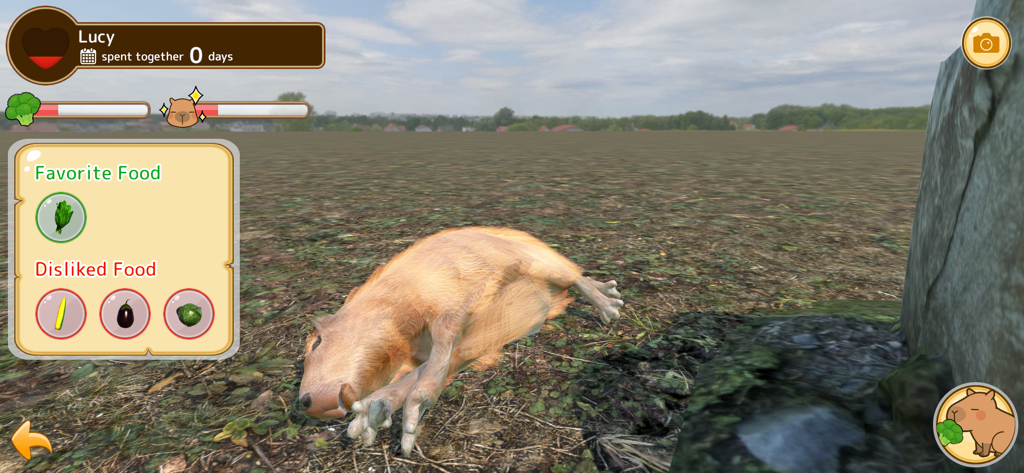 Capybara Spa - A capybara named Lucy lying in a field with a UI showing favorite and disliked foods