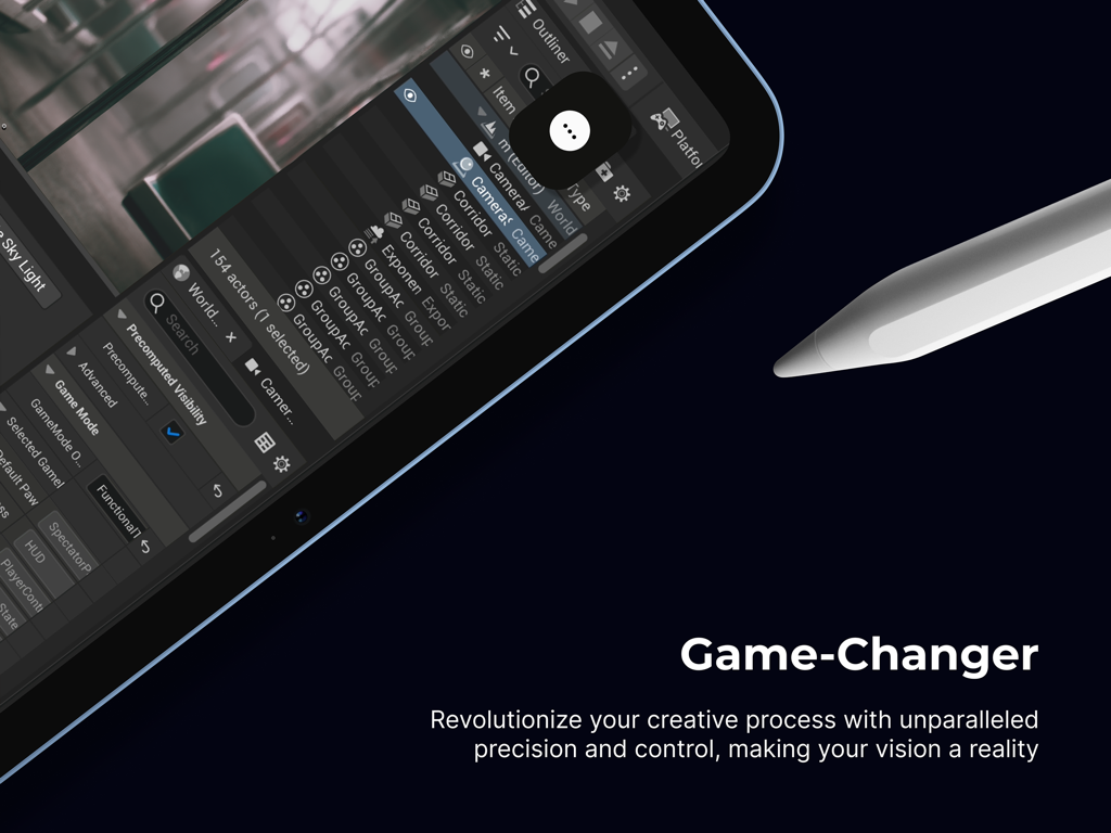 Holo.Pen: Virtual Tablet - Interfaz de Holo.Pen en un iPad mostrando herramientas de diseño profesional junto a un Apple Pencil.