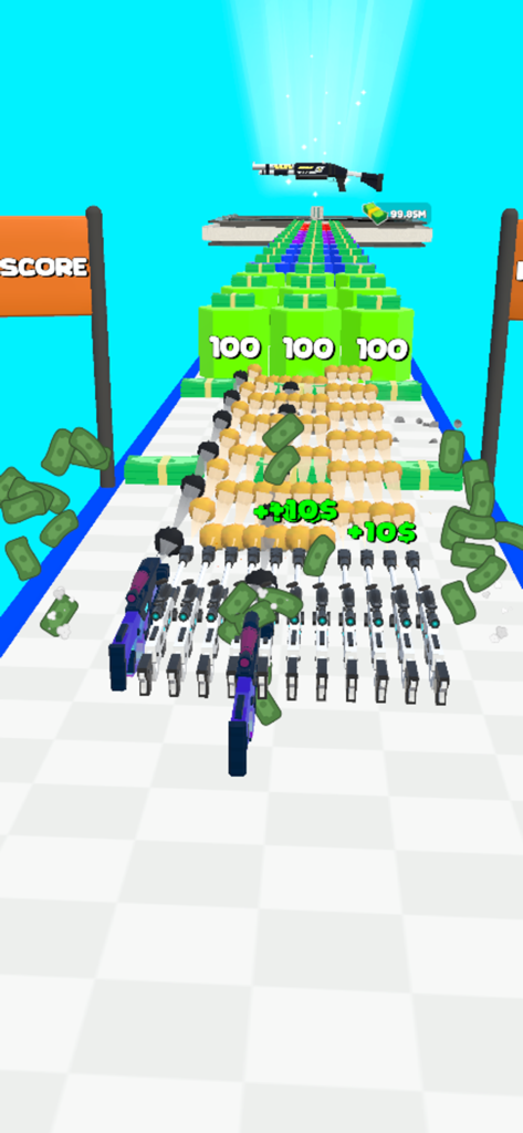 Gun Clone - Multiple cloned guns shooting at green blocks and collecting money in Gun Clone