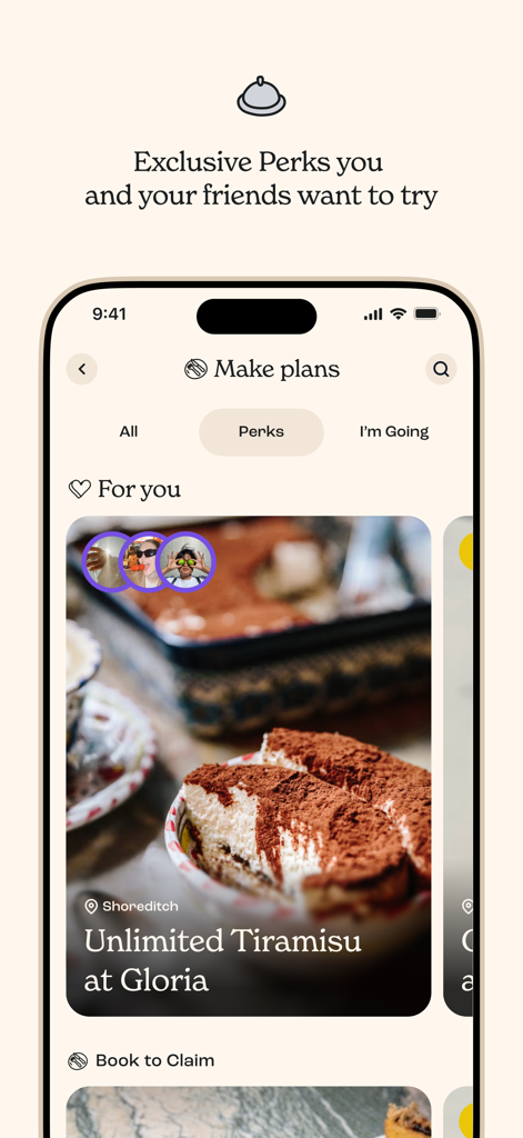 Appetite: Restaurant Tracking - Interface of the Appetite app showcasing exclusive restaurant perks and social dining plans for foodies